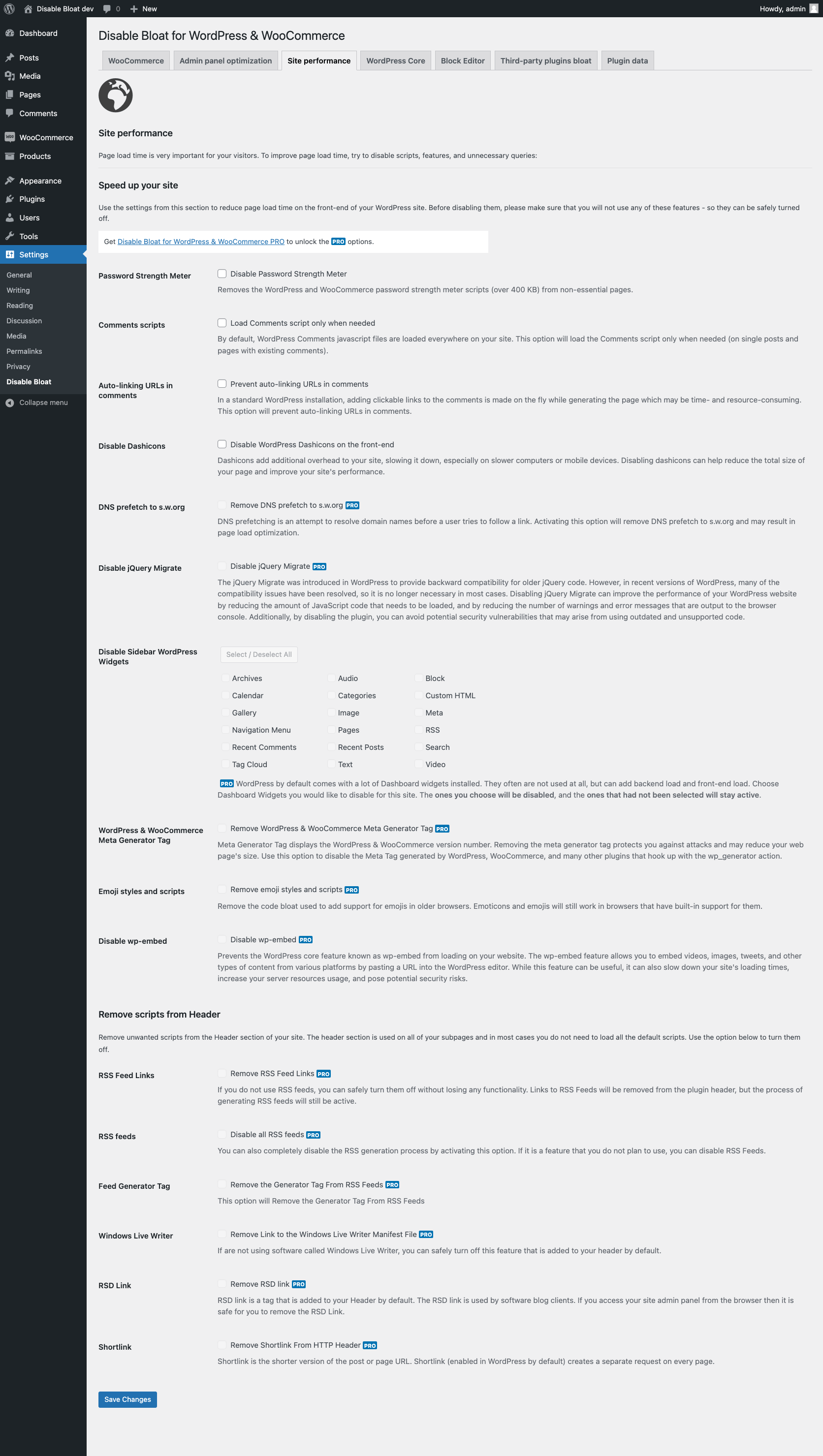 Site performance section