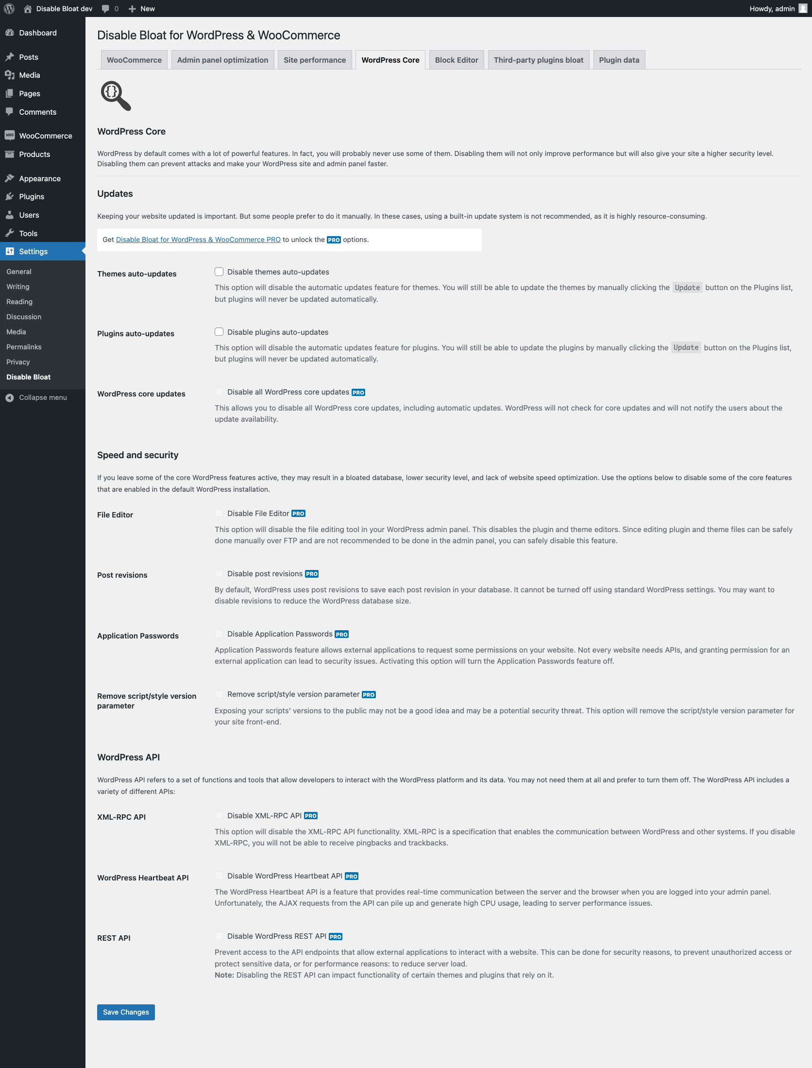 WordPress Core section