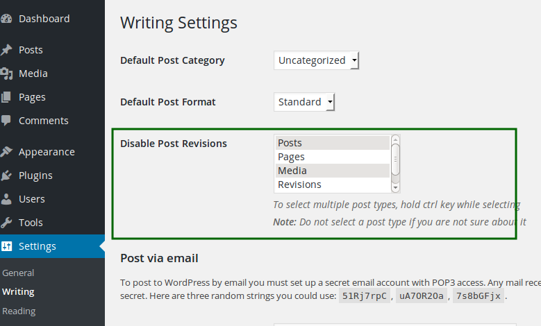 **Settings** - Select post types to disable post revisions. You can select multiple.