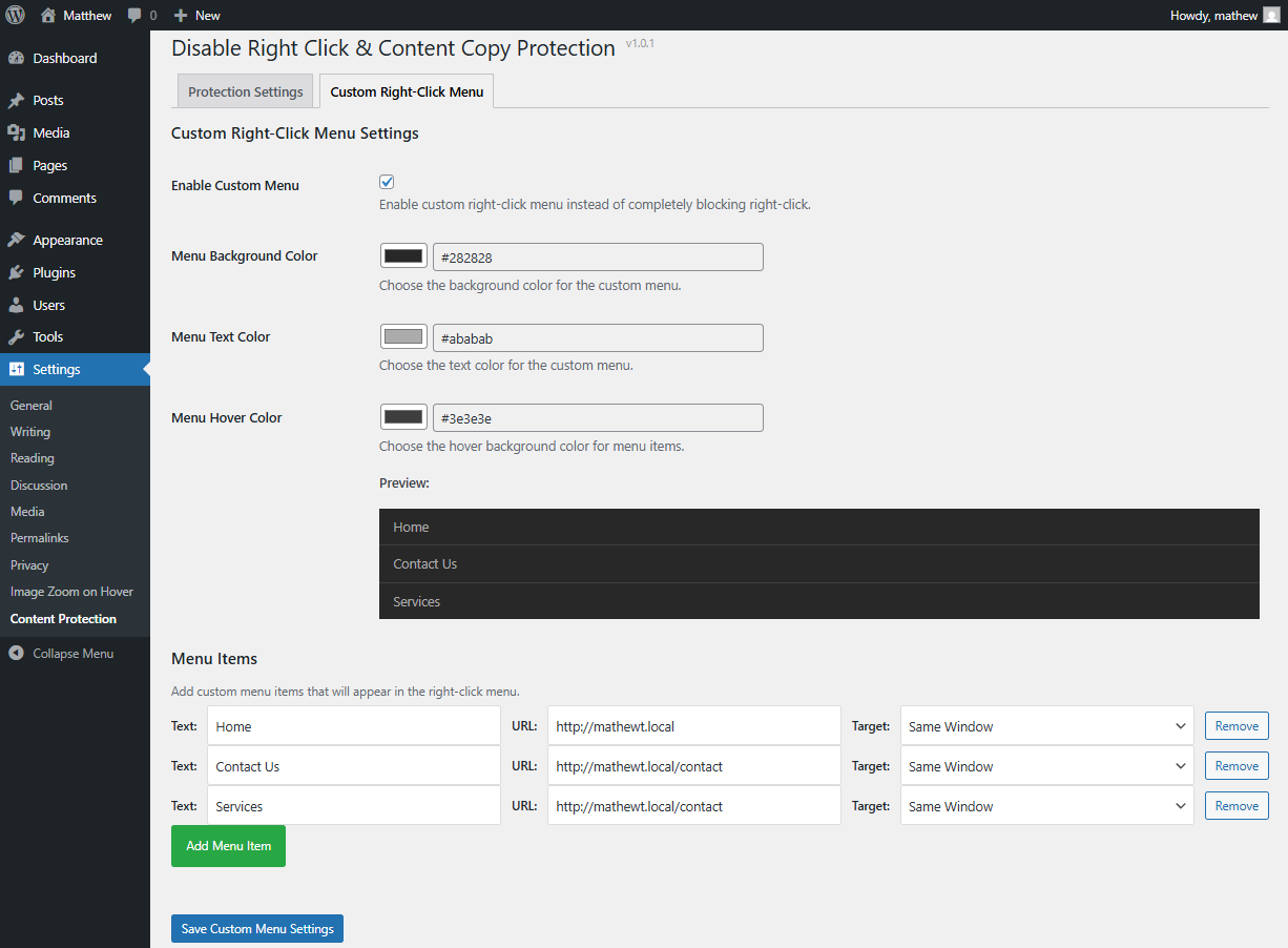 Plugin settings page with option to create a custom menu when right click