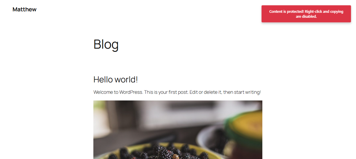 Page showing the notification on the frontend when try to right click or copy content