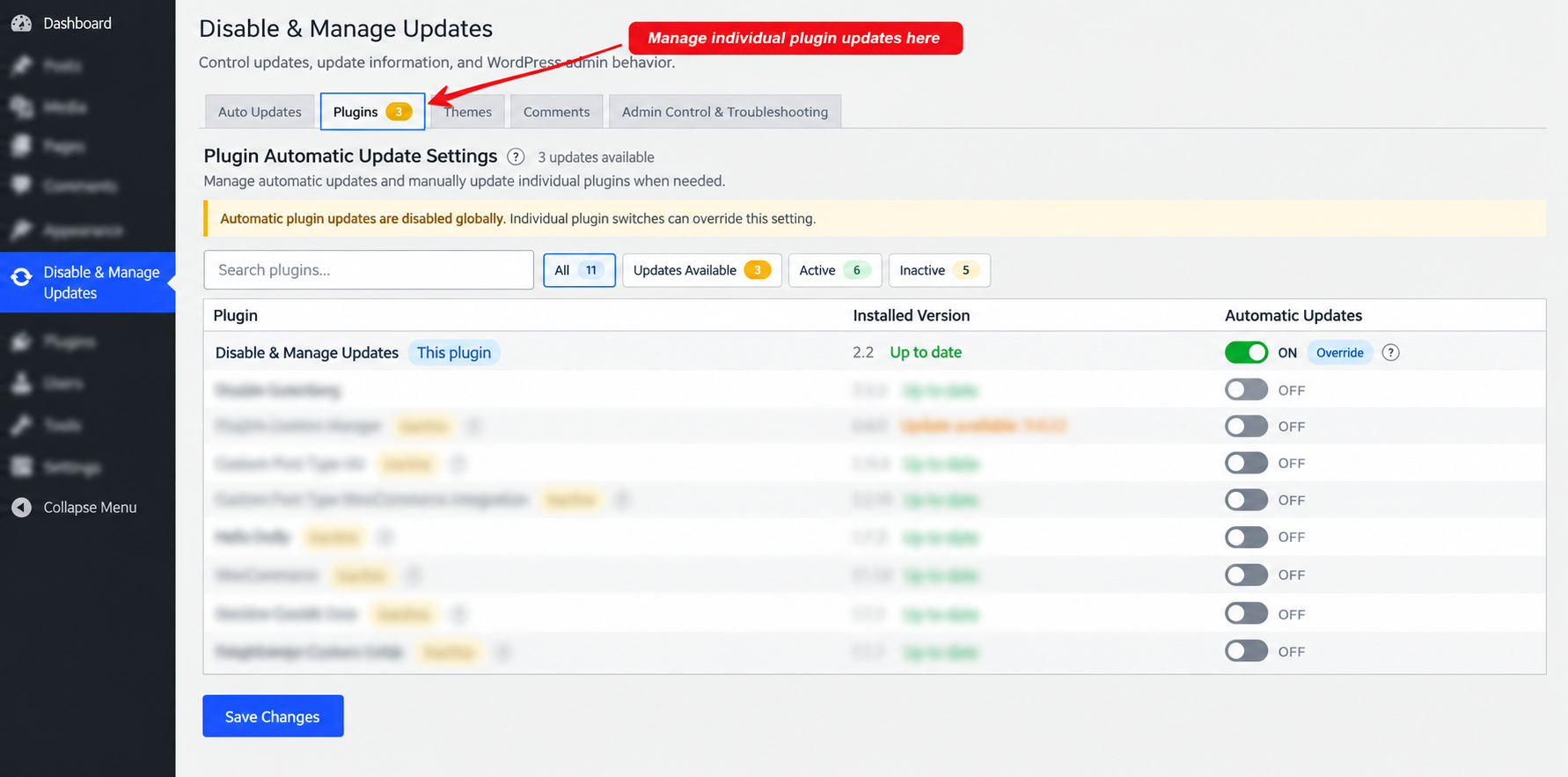 Plugin Automatic Update Settings – Manage automatic plugin updates, individual plugin controls, update availability, and installed versions.