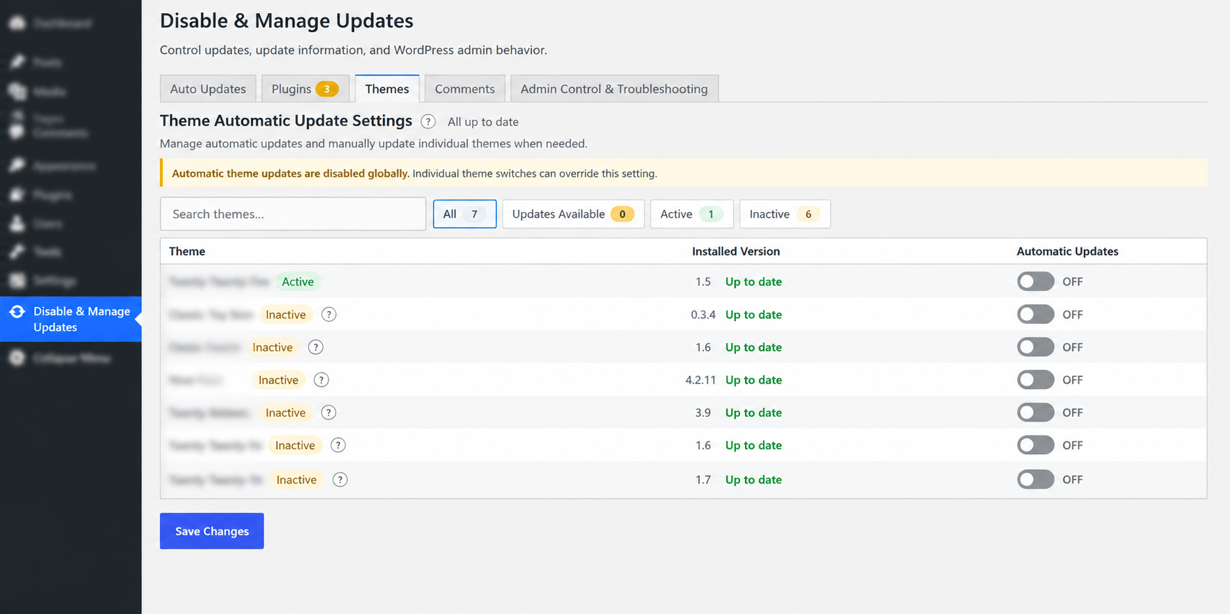 Theme Automatic Update Settings – Manage automatic theme updates, individual theme controls, update availability, and installed versions.