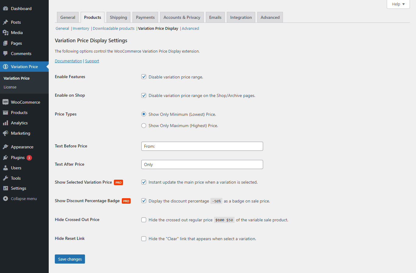 WooCommerce variation price display settings page.