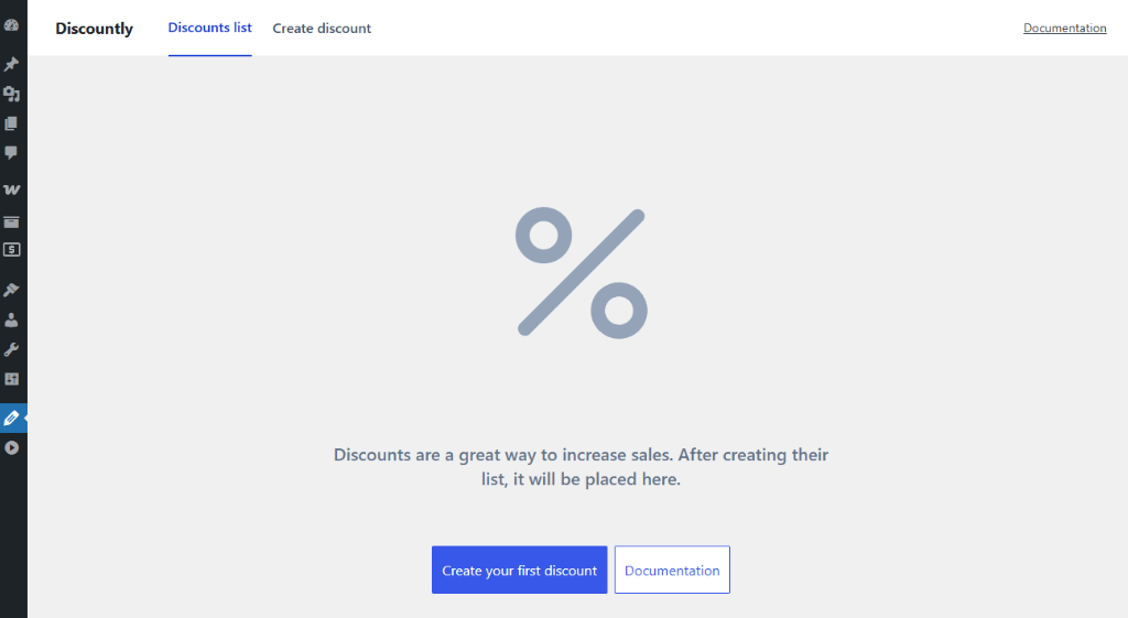 Empty discount list view when no rules exist
