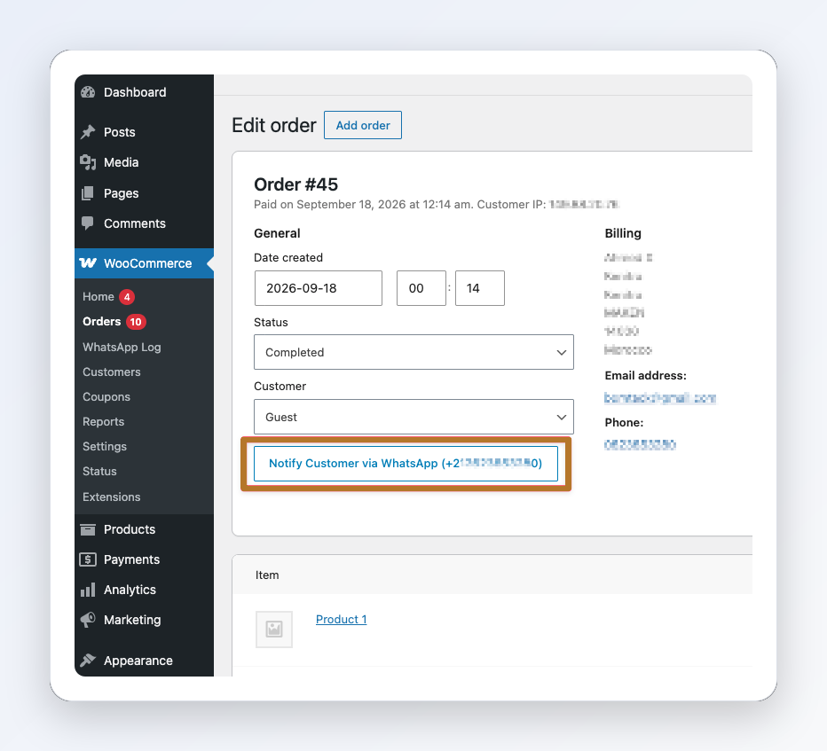 One-click "Notify Customer" on the order screen — pre-filled from the order's own data.