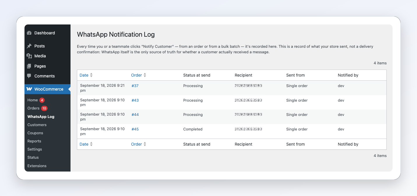 The notification log under WooCommerce → WhatsApp Log.