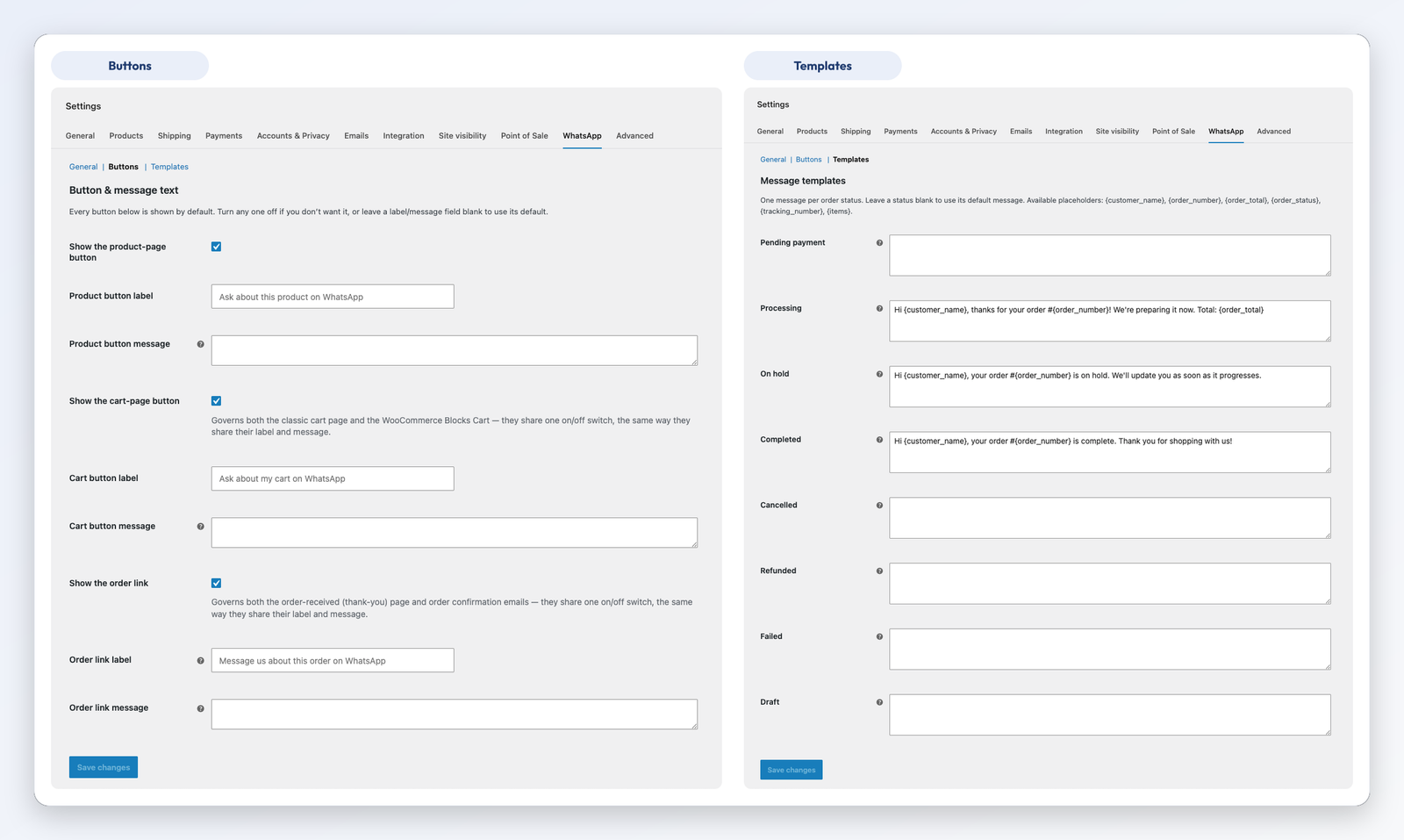Buttons and message-template settings.