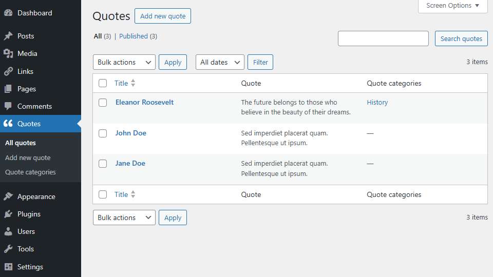 Quotes page (dashboard)