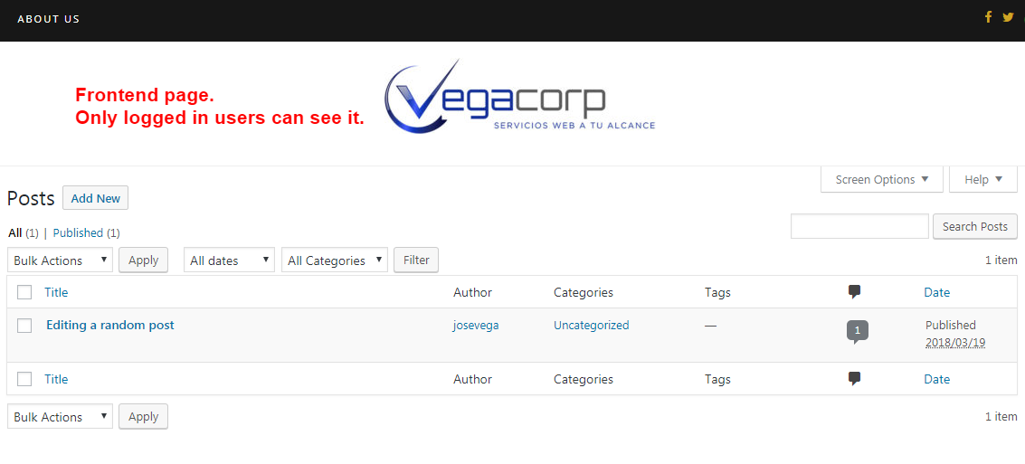 Admin page in the frontend