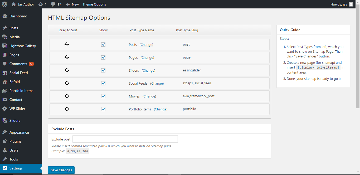 Settings page of HTML Sitemap