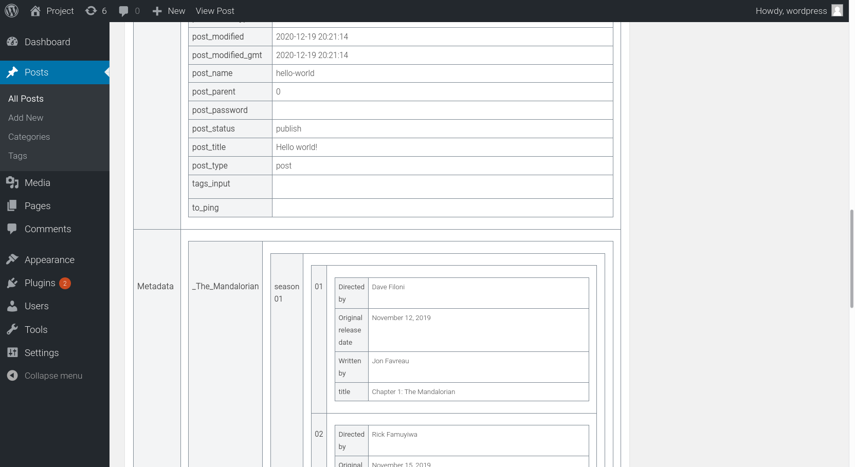 You can see term( from any taxonoy ) properties, custom fields and protected meta.