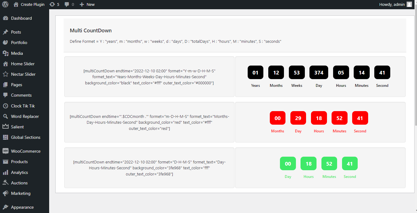 Active Countdown and shortcode on Tools Page