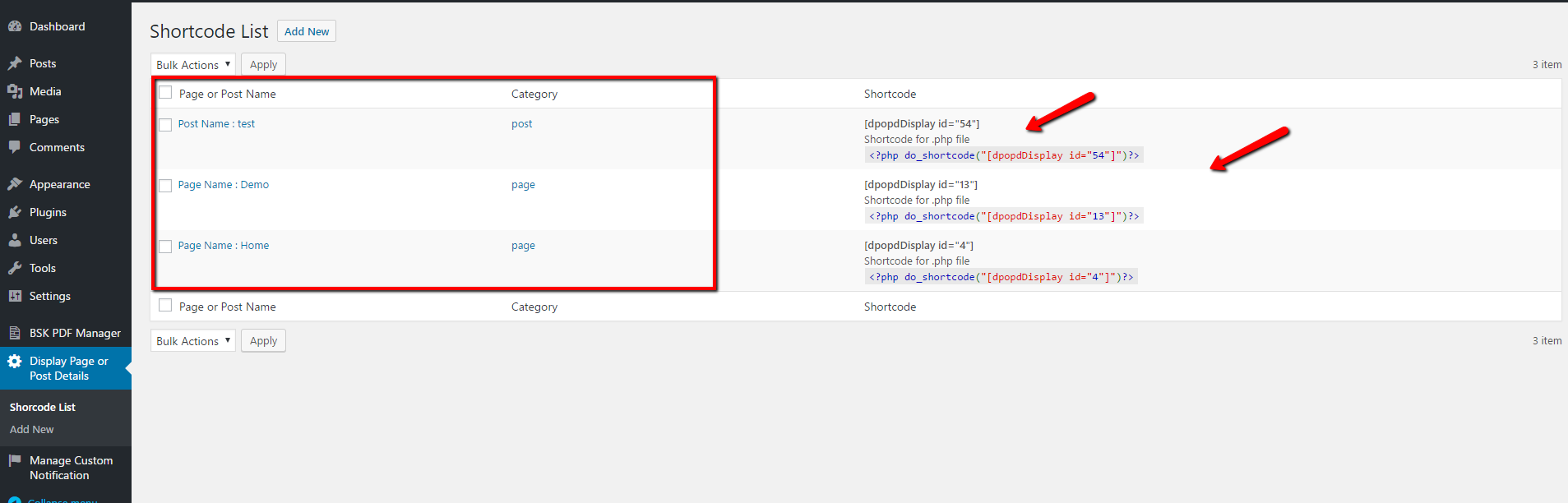 This is the admin end screenshot for list of shortcode for each category like page or post.