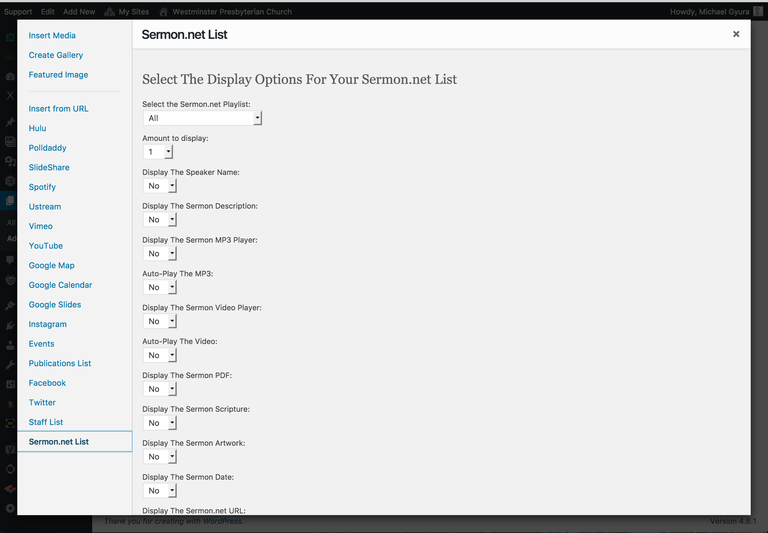 **Shortcode Generator** - To drop a sermon.net list onto a page or a post, use the sermon.net shortcode generator located in the add media area.