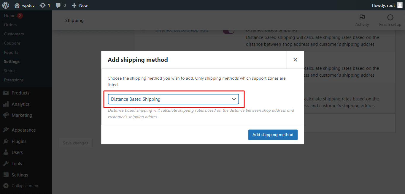 Select "Distance Based Shipping" from dropdown