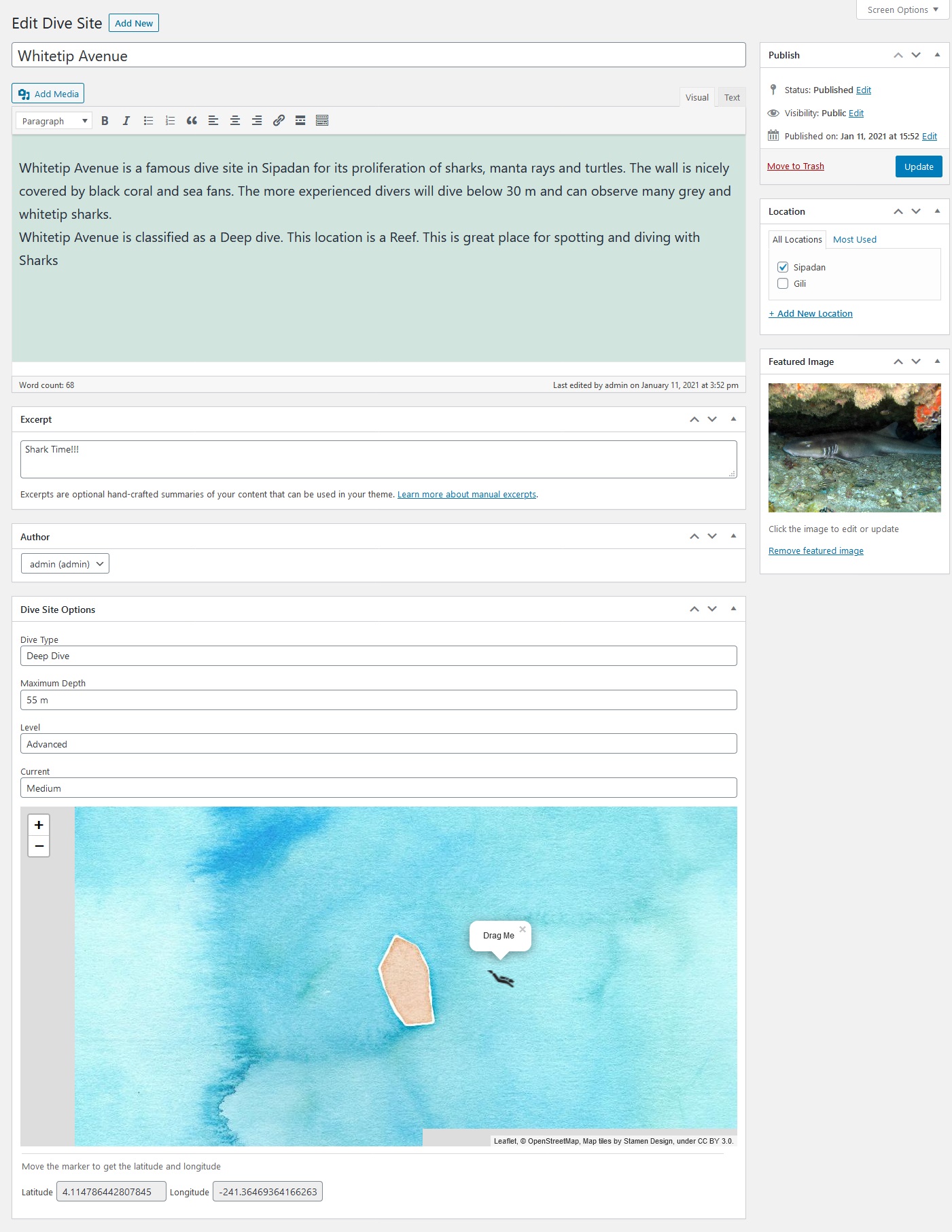 In every dive site you can add a name, short description (excerpt), long description, featured image, location and characteristics