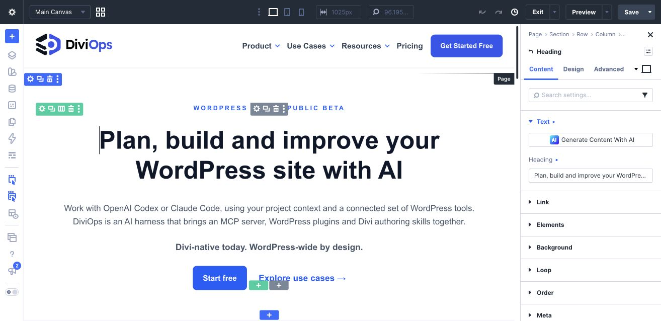 An agent-authored page open in the Divi 5 Visual Builder, with the native Heading module content controls available for continued editing. Divi is a separate required product.