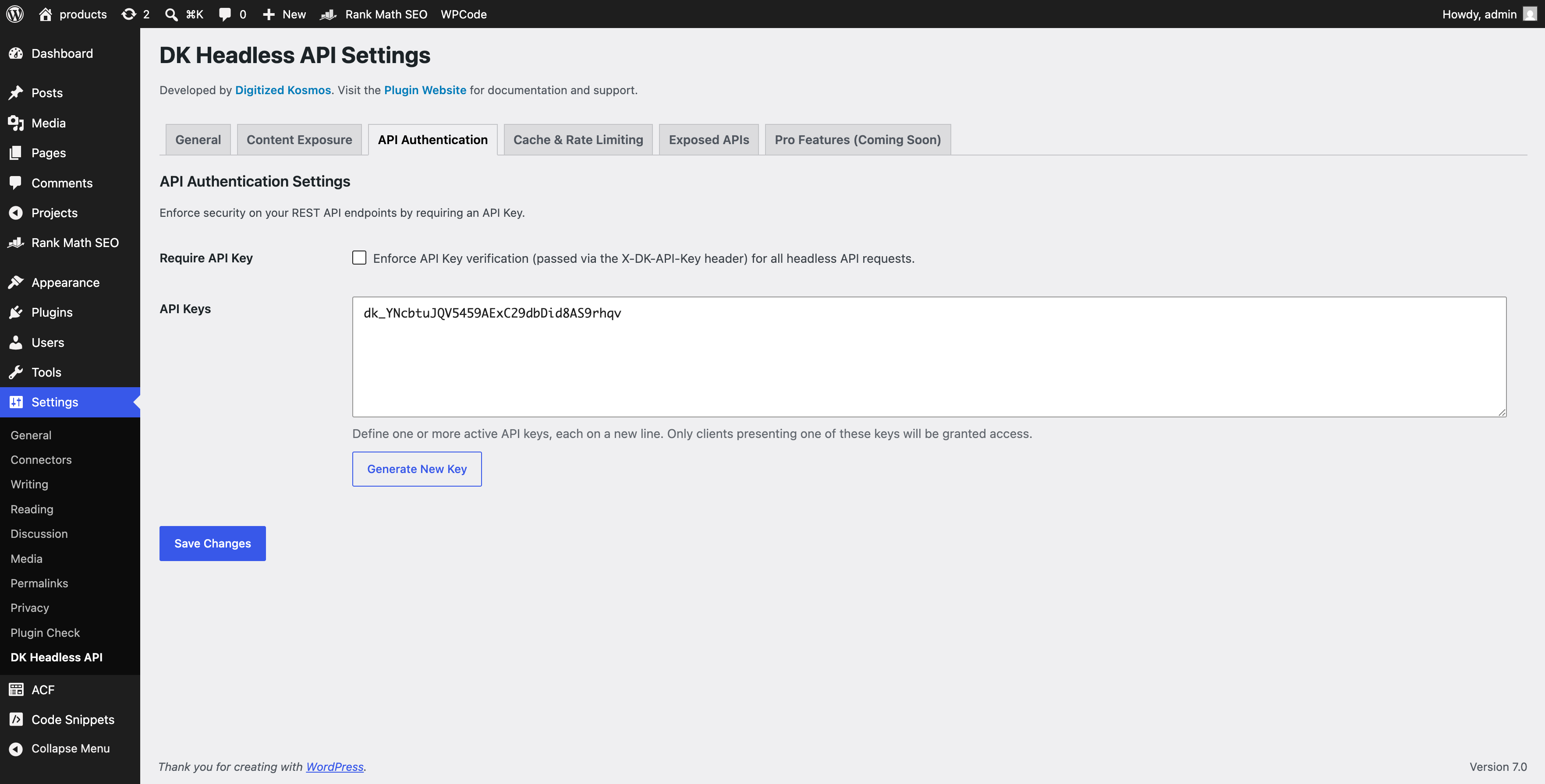 **API Authentication Tab**: Enforce secure access, generate secure API keys, and manage client permissions.