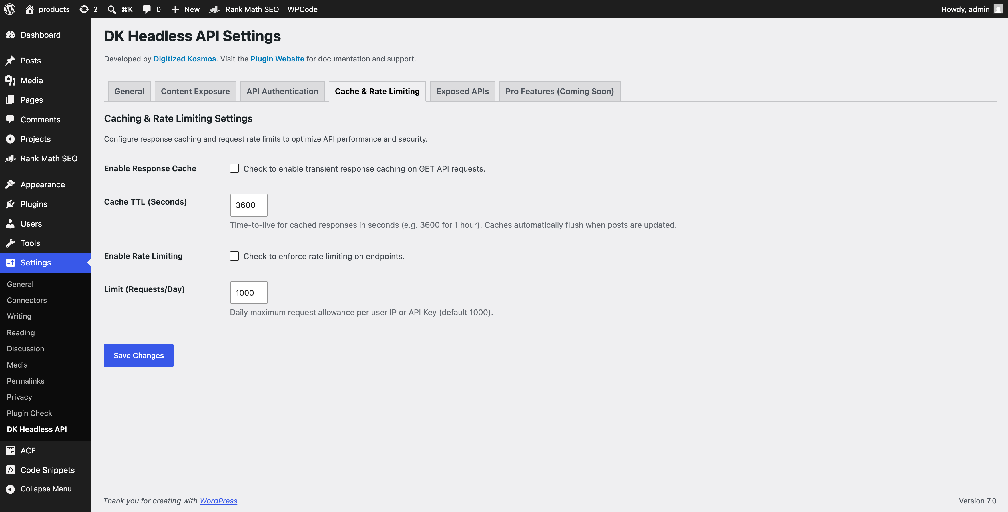 **Cache & Rate Limiting Settings**: Optimize performance using transient caching and daily request limit metrics.