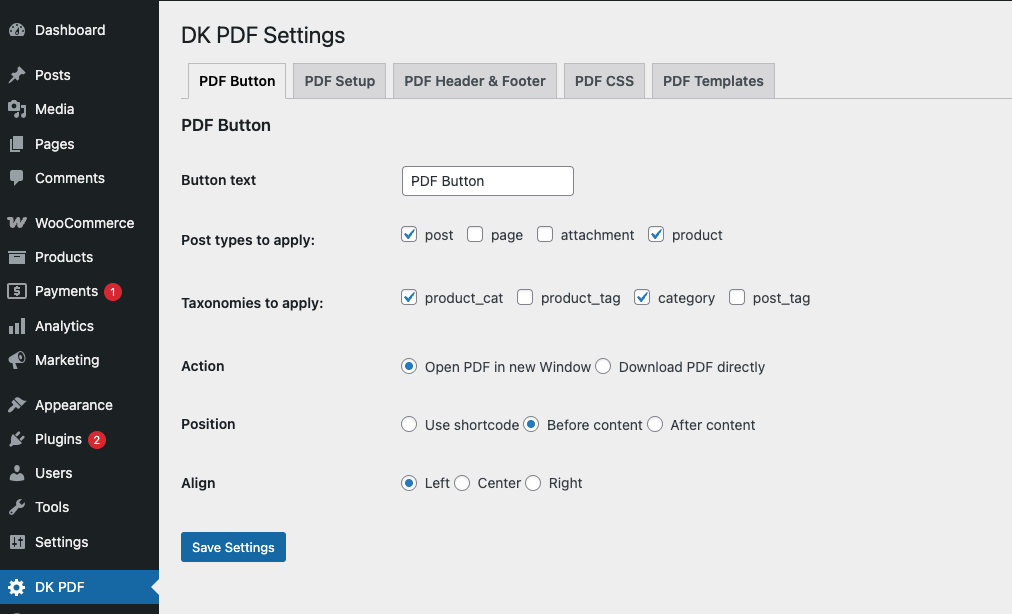 PDF Header & Footer settings