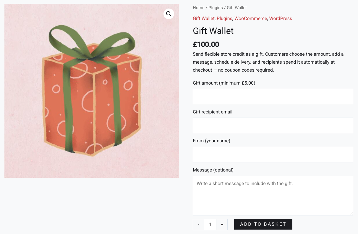Gift email example showing the gift image, amount, message and login button.