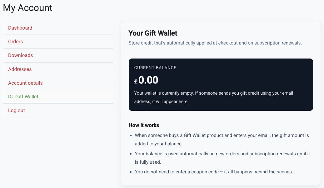 Gift Wallet settings page under WooCommerce → Gift Wallet.