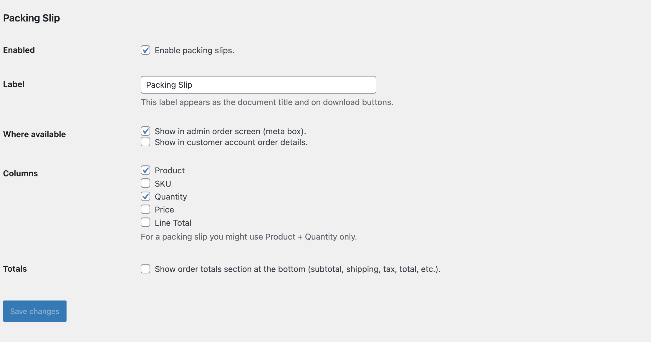 Packing slip document settings (invoice and credit note shown as Pro-only)