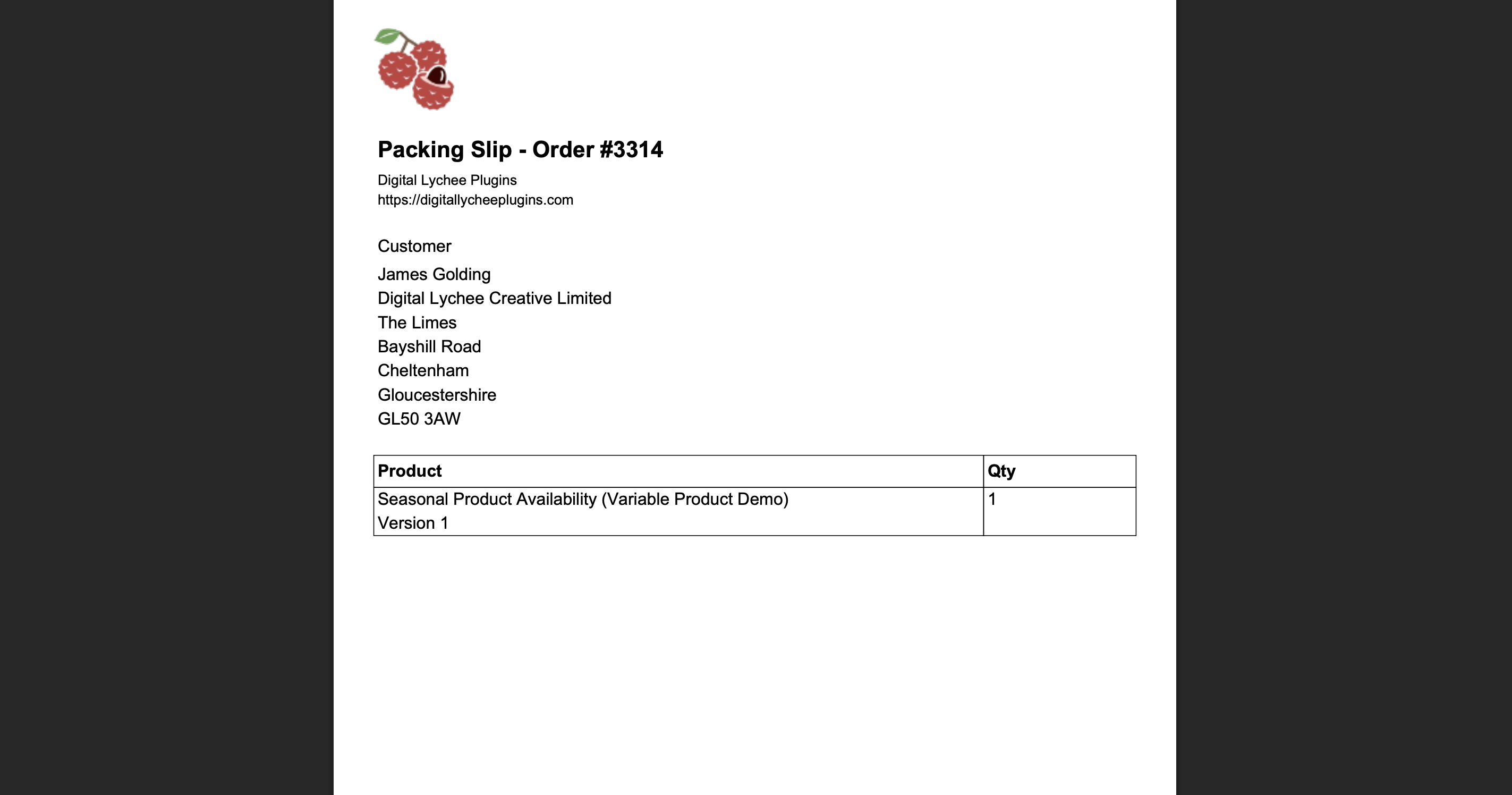 Example generated packing slip