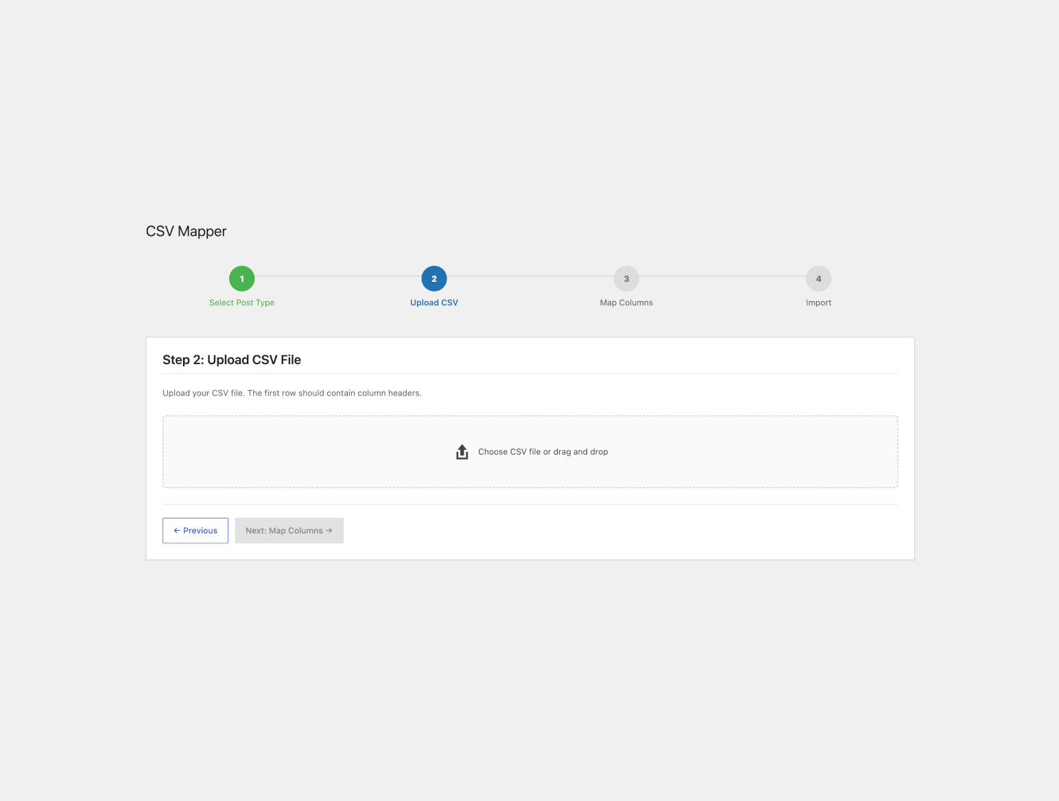 Step 2 — Upload a CSV file and preview the first rows before you import.