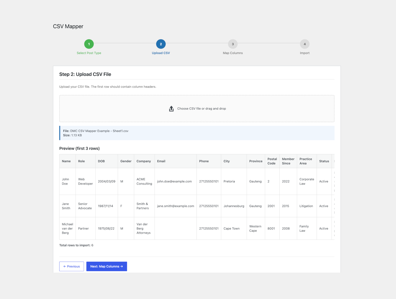 Step 3 — Map CSV columns to WordPress fields and Advanced Custom Fields with smart suggestions.