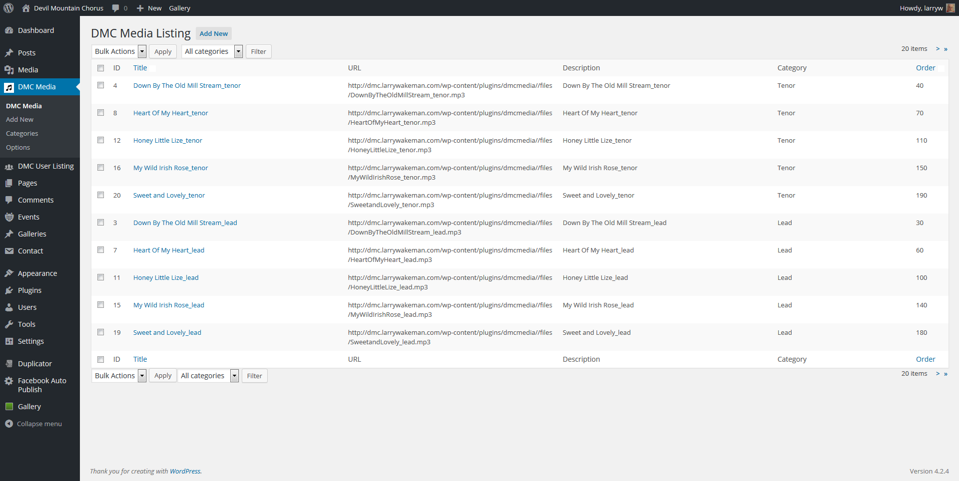 Track listing, sortble by Title and Order, filterable by Category.