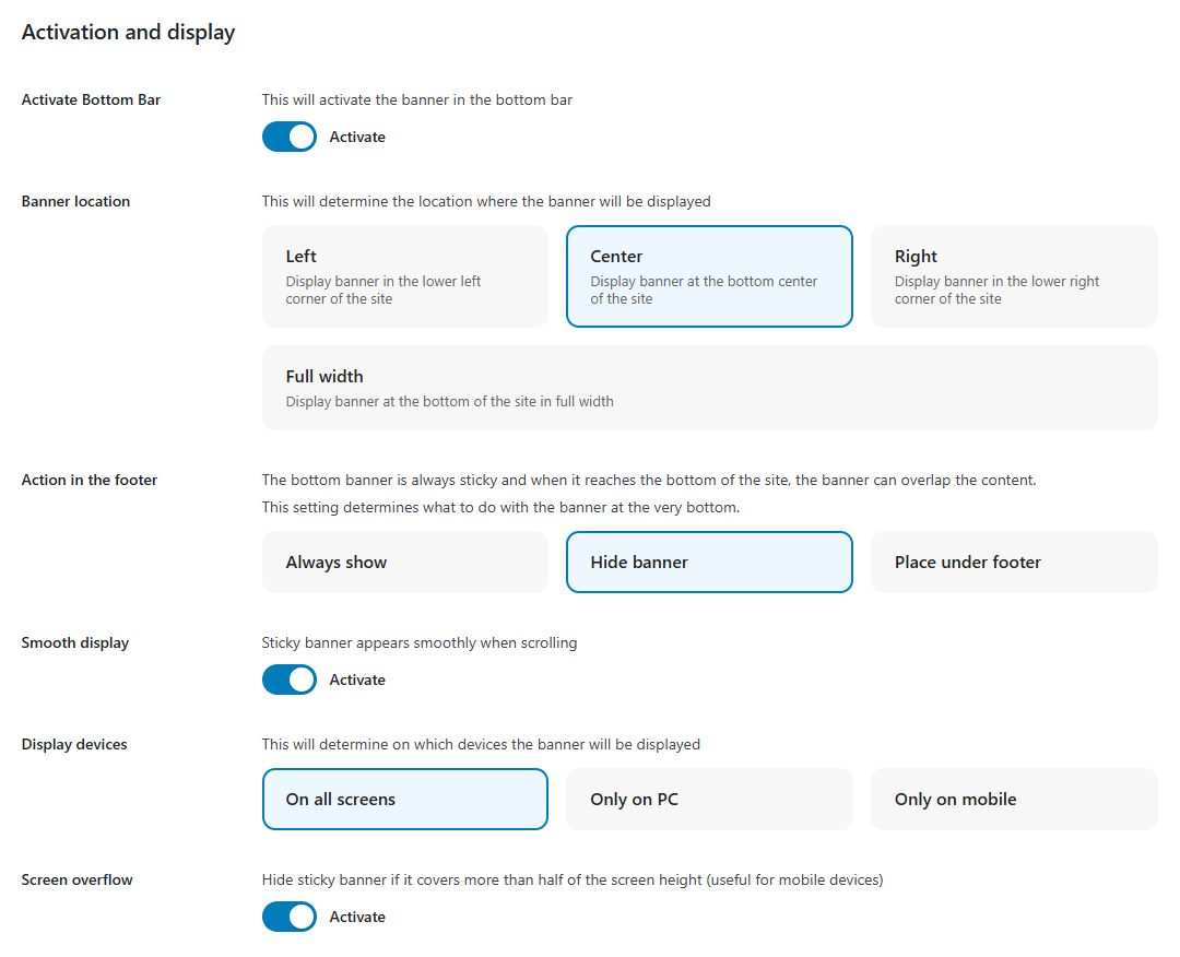 Configuring the Sale Banner for the bottom bar (admin view)