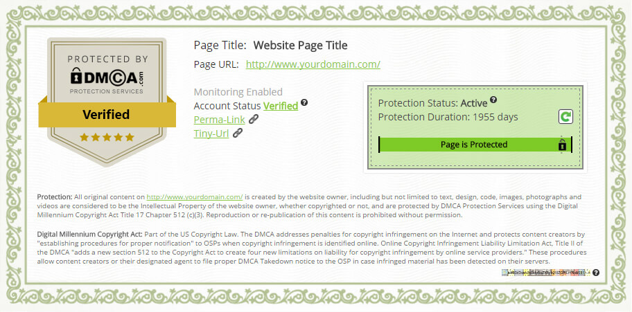 Example of the DMCA.com Protection Certificate Page