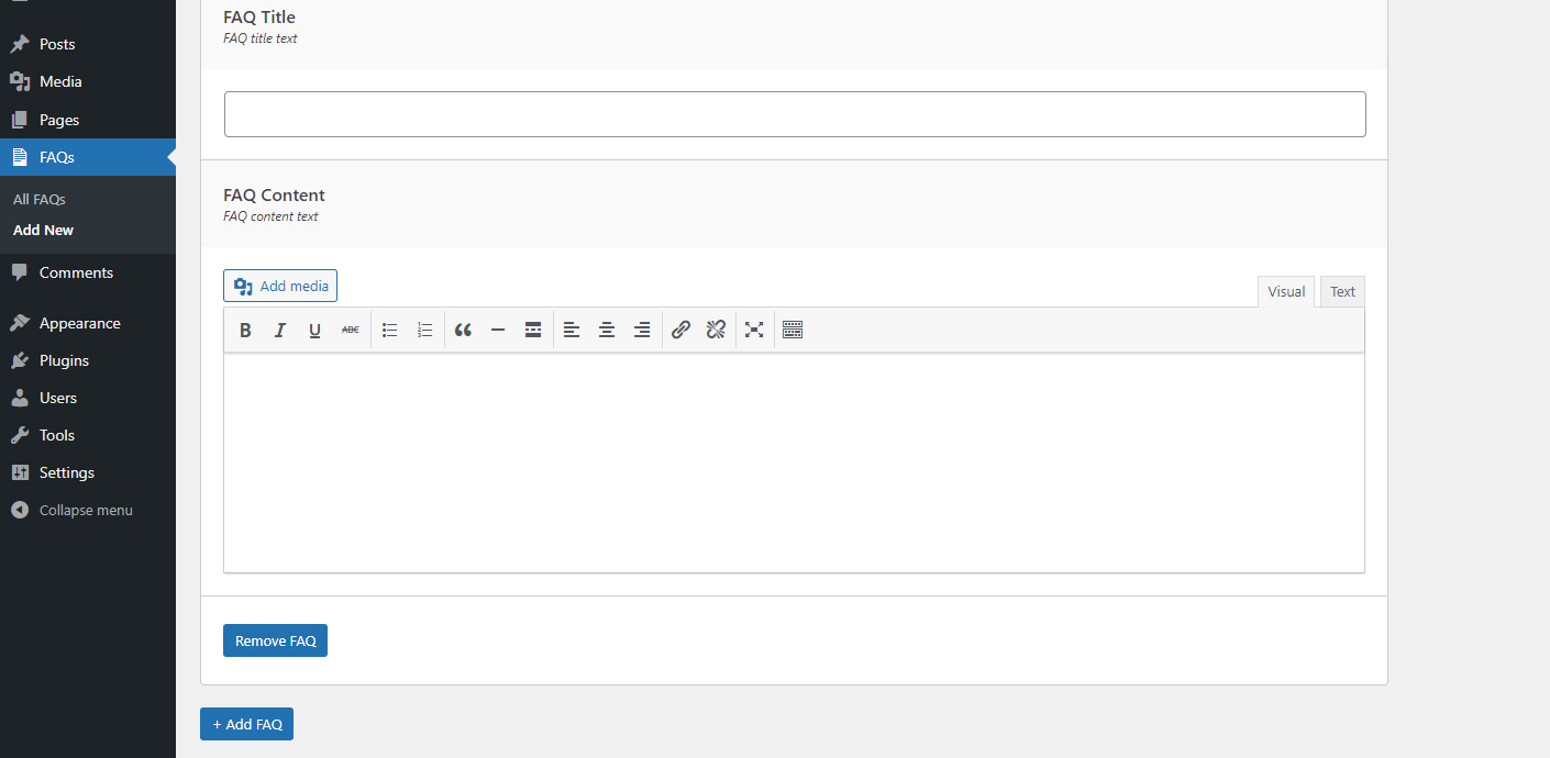 WYSIWYG editor and add new FAQ, remove FAQ