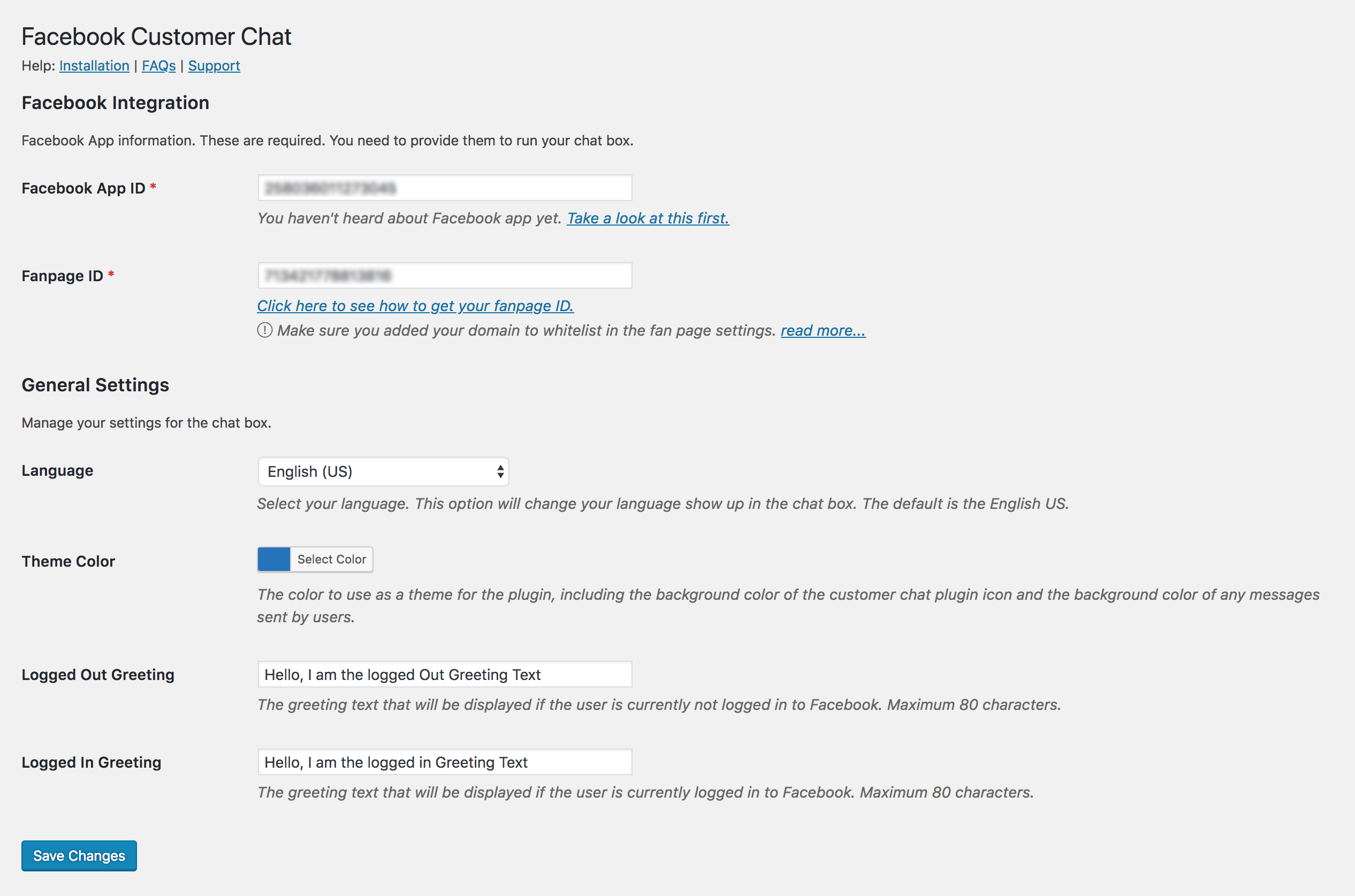 Facebook Customer Chat Admin Settings page