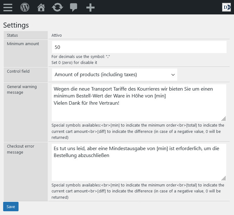 Settings page