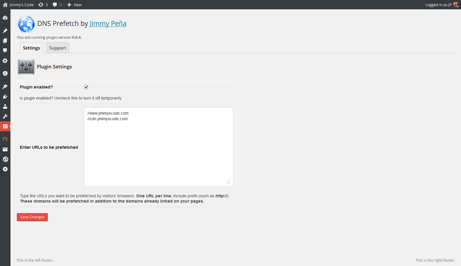 Plugin settings page (note the URLs entered)