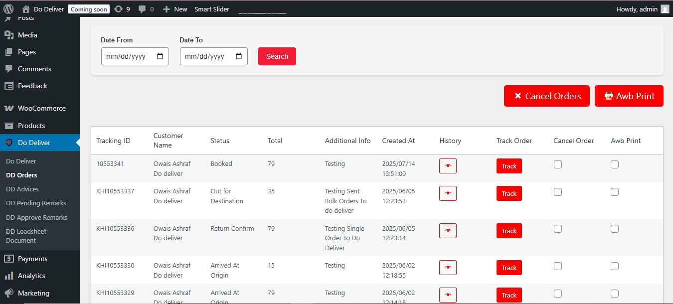 WooCommerce order view with Do Deliver integration details.