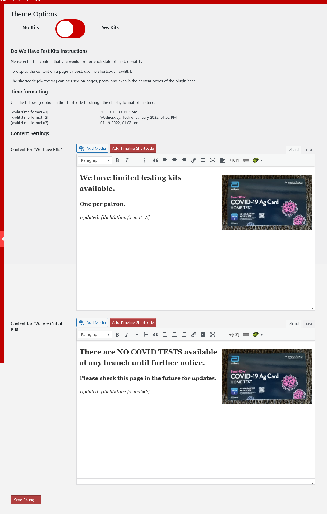 The settings page lets you change the status as well as change the content that is presented.