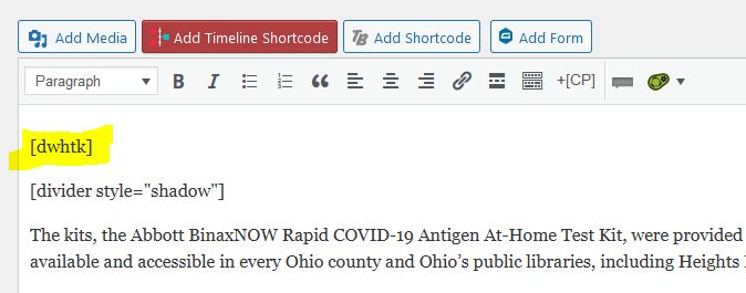 This shortcode is all you need. It will be replaced on the page with whatever is in the matching content box on the settings page.