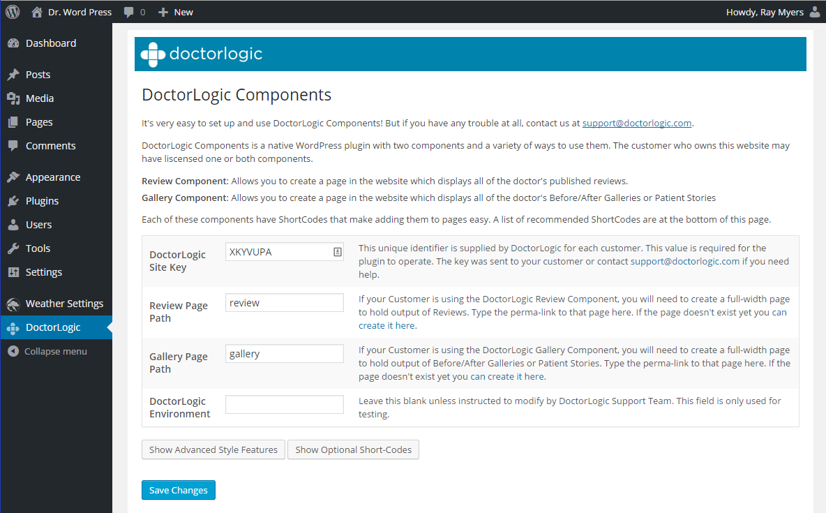 The DoctorLogic configuration screen in WordPress Admin.