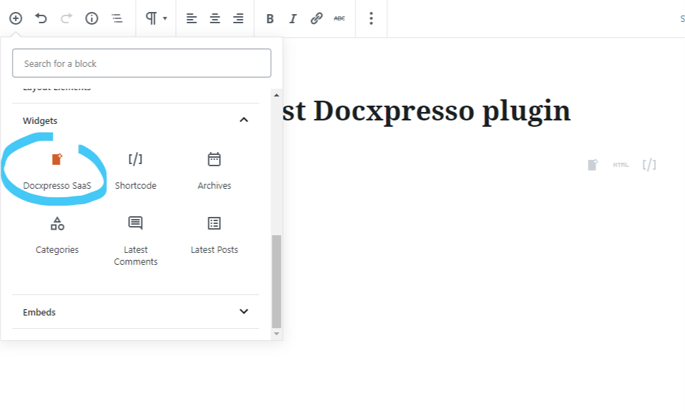 **Docxpresso SaaS button: block editor** - click on this widget to insert a document block into your WP post/page.
