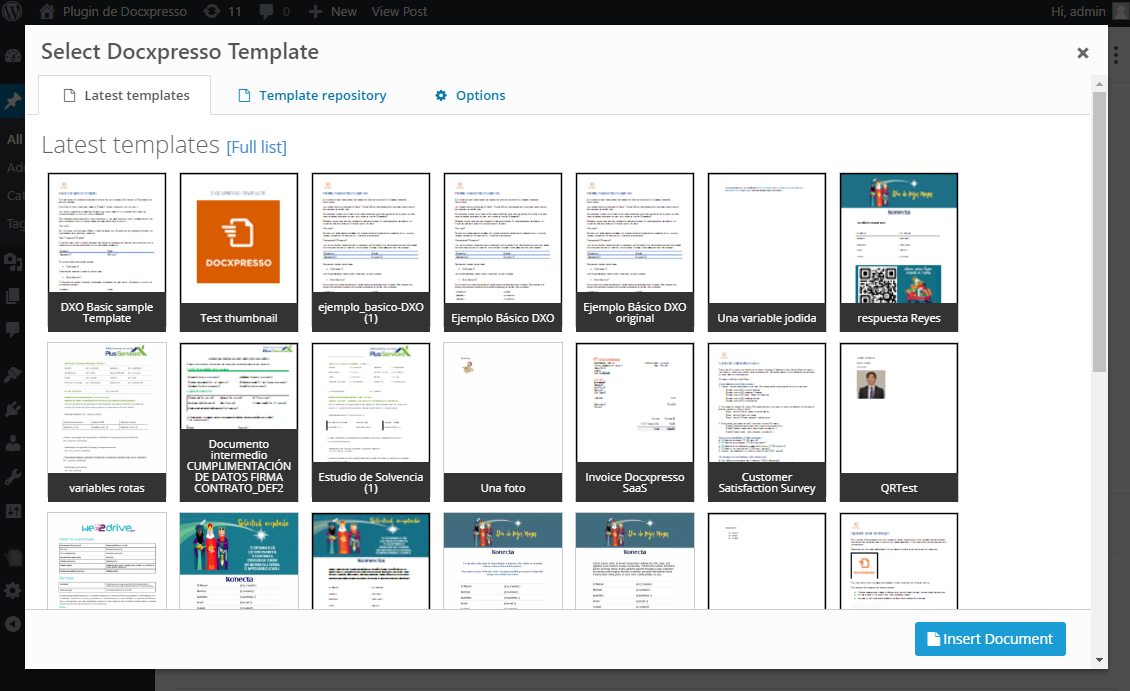 **Choose a template: latest templates** - list of the most recent Docxpresso templates.
