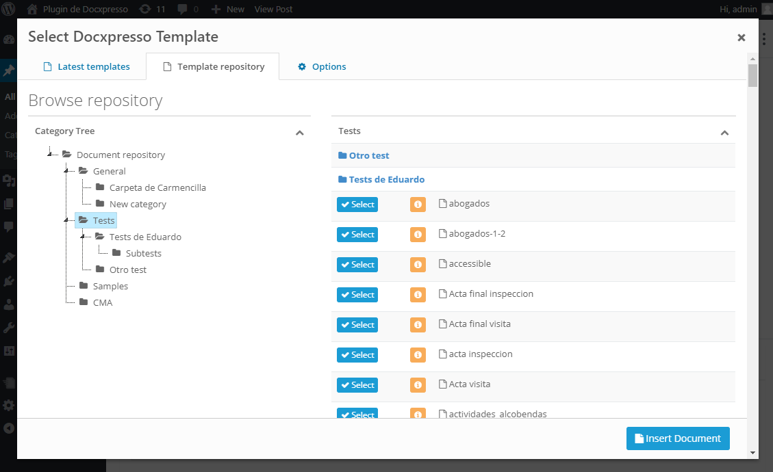 **Choose a template: directory tree** - navigate through all Docxpresso available templates.