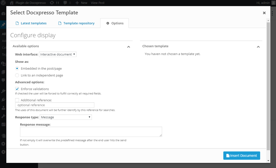 **Choose a template: display options** - configure how the document/web form will be displayed in the page.