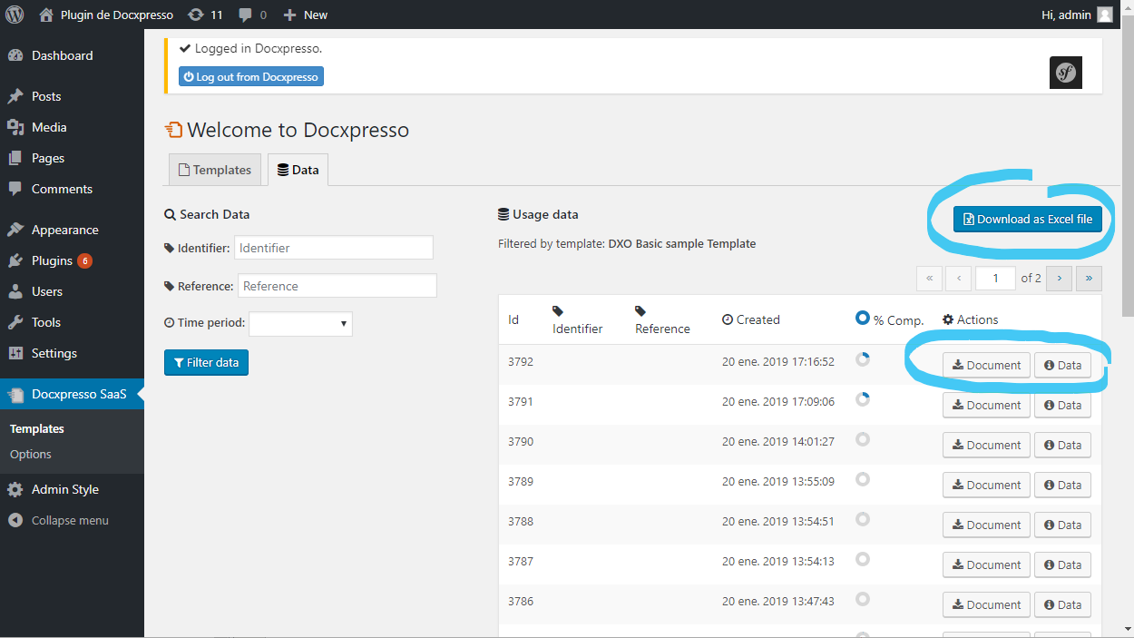 **Browse single document template usage history** - you may access bulk data (CSV) for a single template or browse the data and download the document associated to a single use.