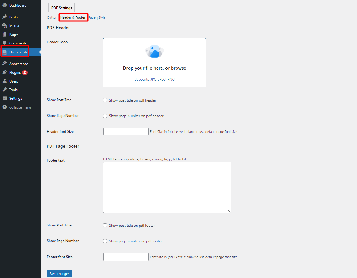 PDF header & footer settings
