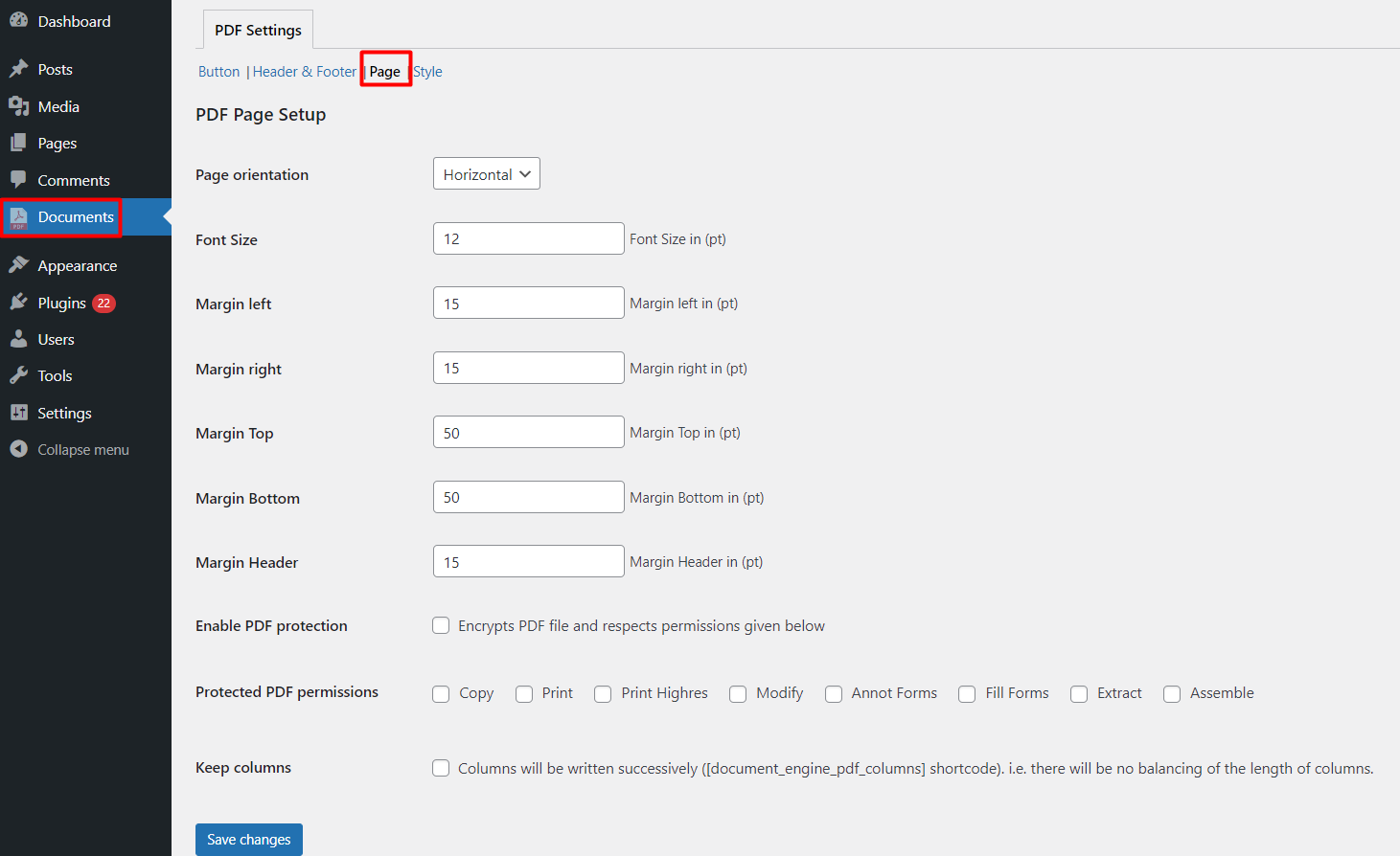 PDF page content settings