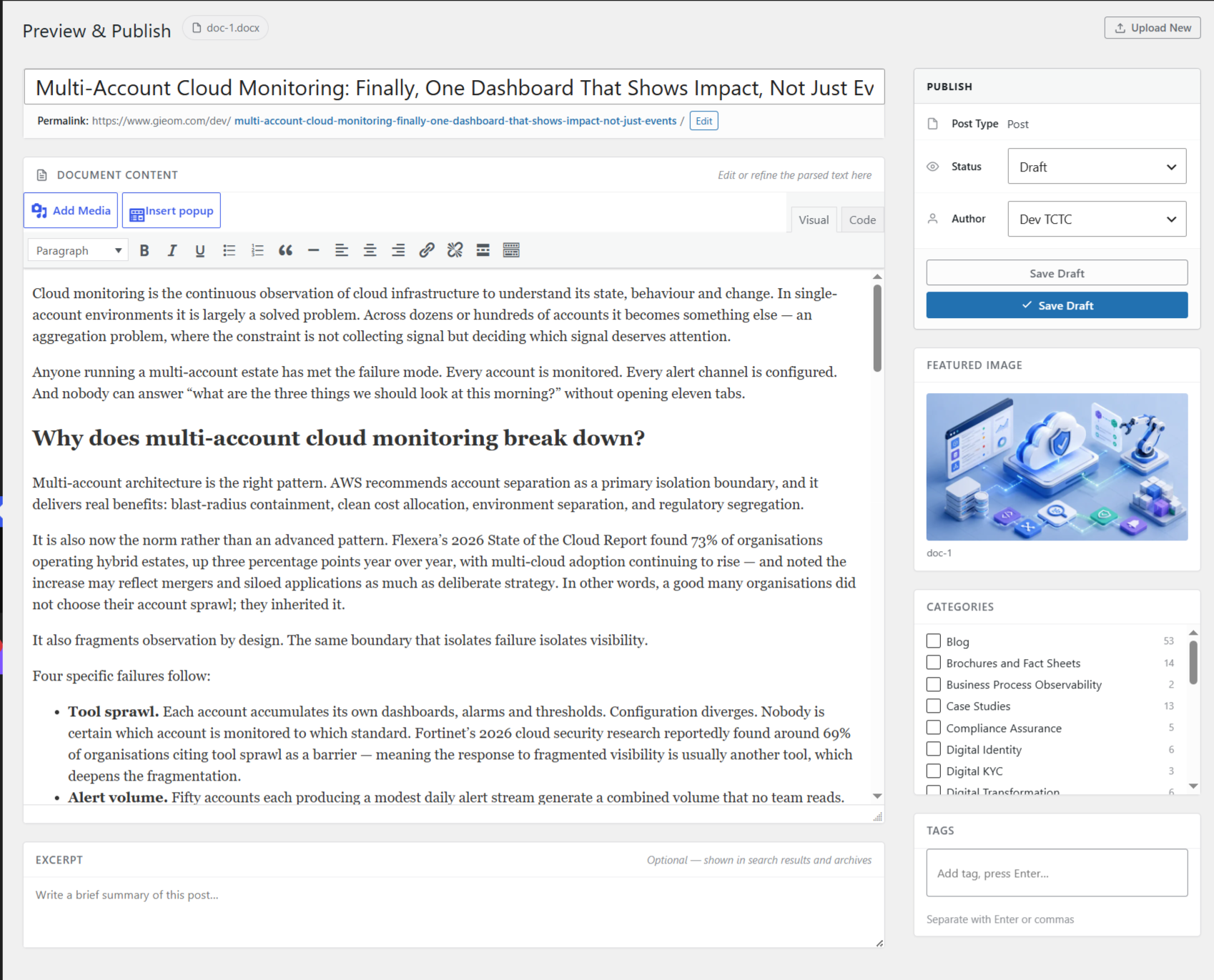 Preview and publish — the parsed document with post type, status, author, featured image, categories and tags